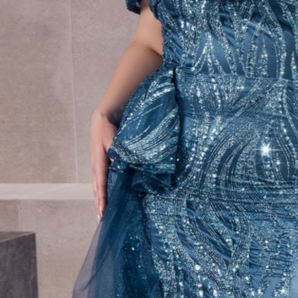 Eggplant purple or blue fitted off the shoulder glitter long floor length gown - Picture 6 of 8